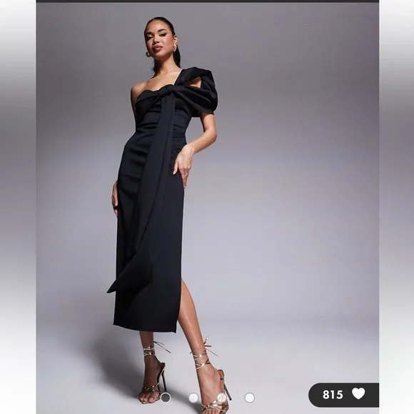 ASOS DESIGN scuba off the shoulder bow detail midi dress in black size 8 - Picture 2 of 13